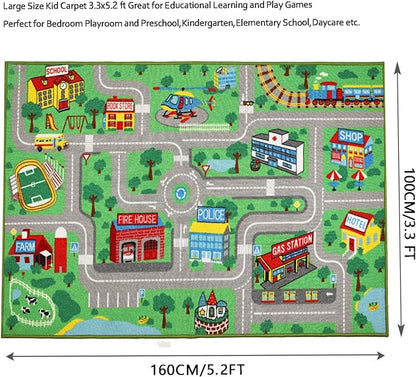 Kids Play Rug for Playroom 5.2x3.3 ft Town City Road Map Car Mat Play Mat Educational Learning Carpet Area Rug for Boy Girl Toddler Bedroom Playroom