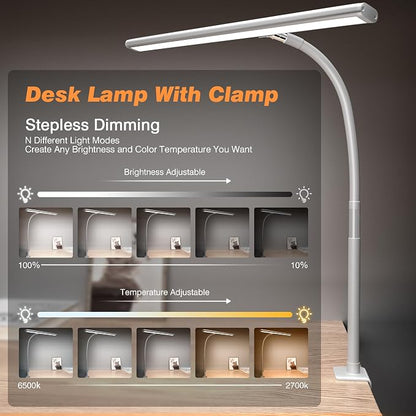 Airlonv LED Desk Lamp with Clamp, 17" Stepless Dimming Light, White | 2700K-6500K, 100 LEDs, 360° Gooseneck, Fits Up to 30" Monitors, Flicker-Free Lighting for Home Office, Study& Workbench