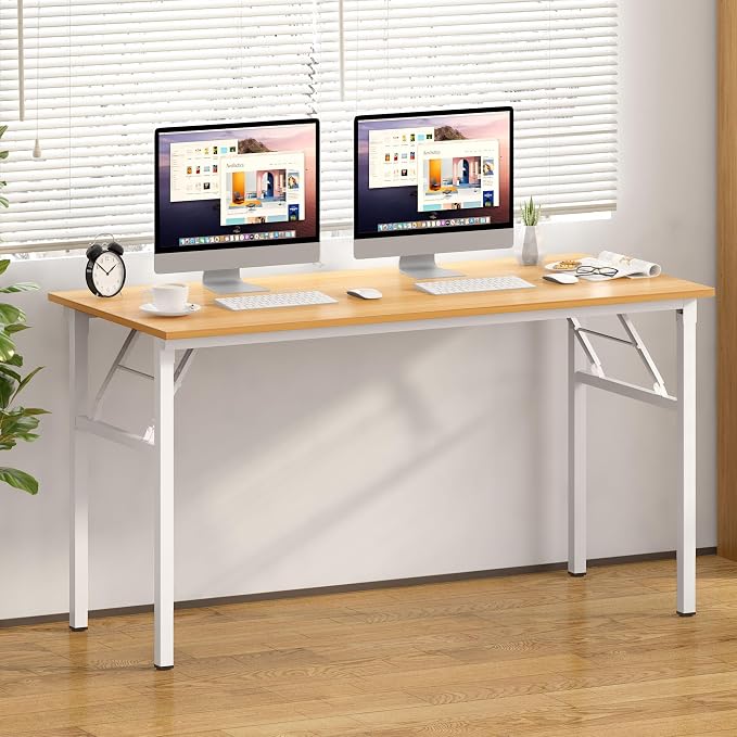 Need Office Computer Desk 60 Inch Sturdy Folding Laptop Table Teak | White Frame Writing Gaming Work Table/Foldable Home Office Desk/Sewing Table, No Assembly Required