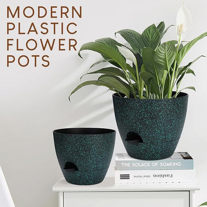 Plant Pots 10/9/8/7.5/7 inch, Self Watering Planters with Drainage Holes & Saucers for Indoor and Outdoor Plants (Green Speckles)
