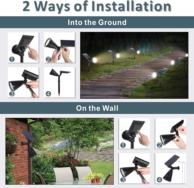 Solar Spotlights Outdoor, Bright 7-LED Landscape Spot Lights, Dusk-to-Dawn Waterproof Solar Powered Flag Pole Lights, Adjustable 2-in-1 Ground/Wall Mounted Lighting for Tree House Yard Garden (White)