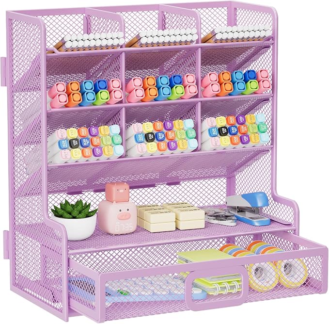 Marbrasse Larger Mesh Desk Organizer with Drawer, Multi-Functional Pen Pencil Holder, Easy Assembly, Desk Organizers and Accessories for Office Art Supplies (Purple)
