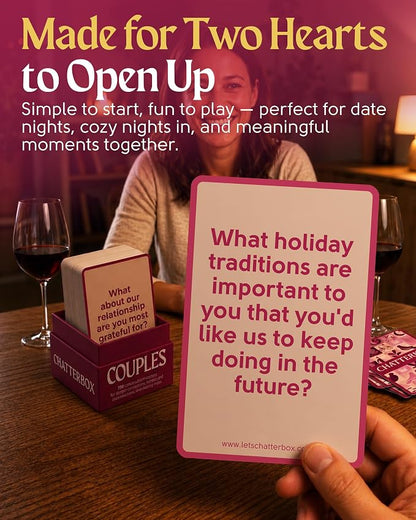 Chatterbox Conversation Cards for Couples, 200 Questions, Perfect for Romantic Date Night, Road Trip, and Anniversary, Fun Gift Idea and Connect with Your Partner on a Deeper Level, 2+ Players