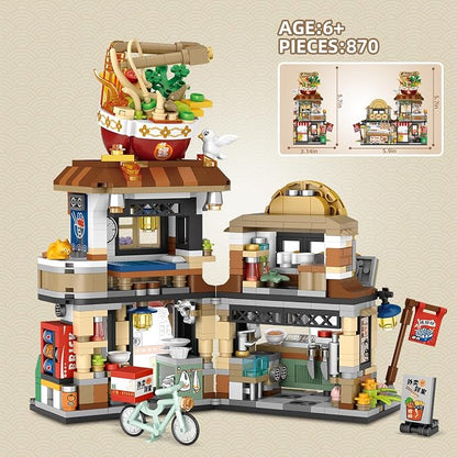 Street View Noodle Shop Mini Building Blocks, MOC Creative Building Toys Model Set for Girls 7-9 Years Old, 870 PCS Simulation Architecture Construction Toy, Gift Idea for Kids Adults