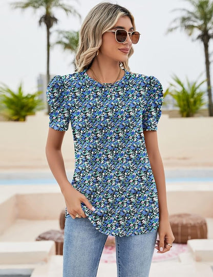 Ivicoer Puff Short Sleeve Shirt for Women Eyelet Tops Summer Crewneck Blouse Loose Fit S-XXL
