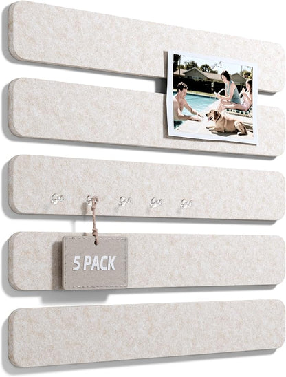 Fluxynara 13" x 2" Felt Wall Panels, Oatmeal | 5-Pack Cork Board Alternative with 35 Push Pins, Adhesive Mounting for Bedroom Door or Home Office