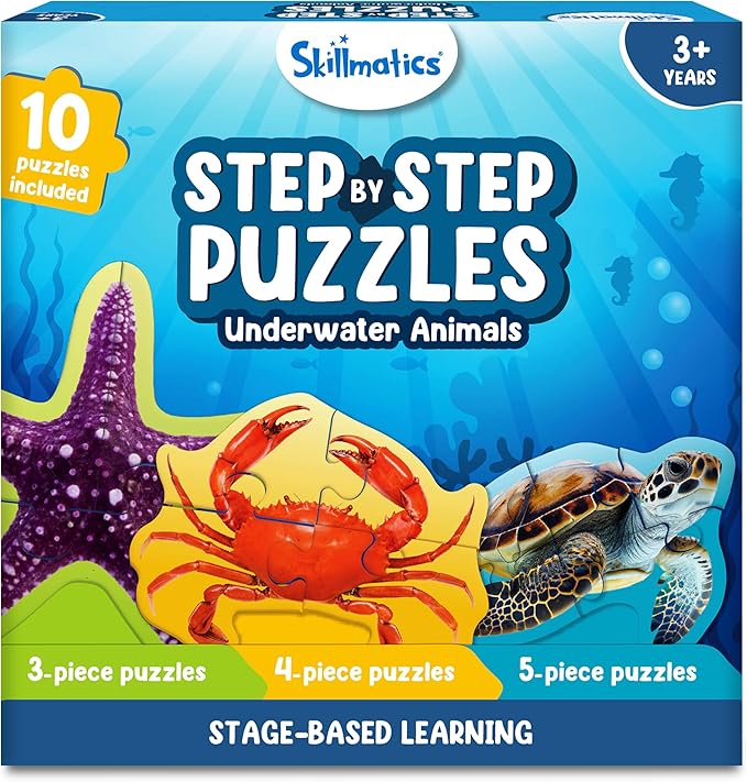 Skillmatics Step by Step Puzzles - 41 Piece Jigsaw & Toddler Puzzle, Montessori Educational Toy for Boys & Girls, Underwater Animals, Travel Friendly, Gifts for Kids Ages 3, 4, 5 and Up