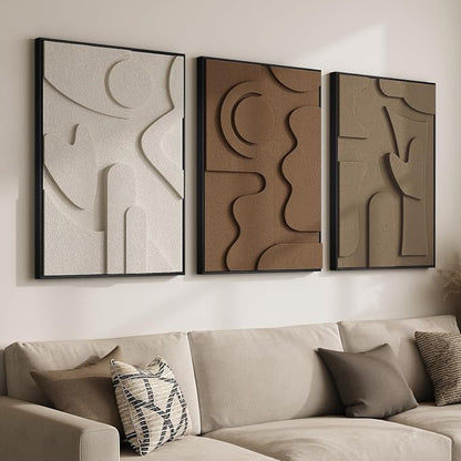 Large Framed 3D Textured Wall Art for Living Room, Set of 3 Abstract Geometric Wall Decor, Modern Neutral Brown Minimalist Pictures Artwork for Bedroom Dining Room Hallway Office, 24x36 Inch