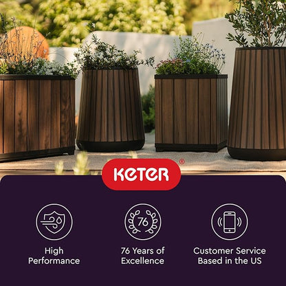 Keter Signature Conic 23.8 Inch Tall Round Large Wood Look Planter for Indoor or Outdoor Flower Pot Ideal for Patio Deck and Front Porch Decor, Rosewood