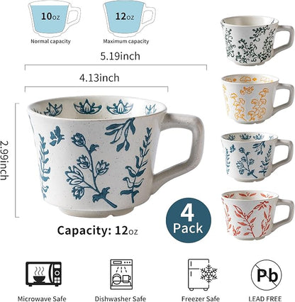 Ceramic Mugs 11 oz Unique Luxurious Cups Set of 4, Mug for Coffee Milk Latte Cappuccino Tea, Office Home Dishwasher Microwave Freezer Safe Stoneware Handmade Minimalist Mixed Cup