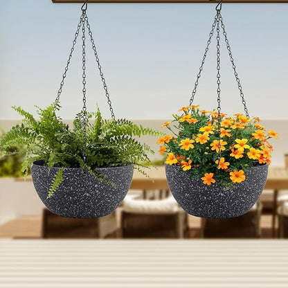 12 inch Large Hanging Planters for Indoor Outdoor Plants, 2 Pack Hanging Flower Pots with Drainage Holes and Chain for Garden Porch, Plastic Hanging Baskets for House Plants, Speckled Black