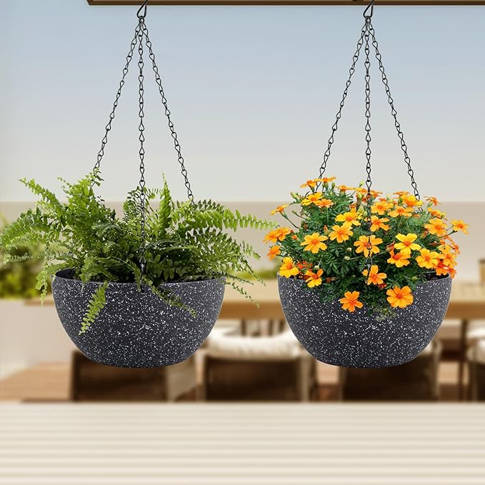 10 inch Hanging Planters for Indoor Outdoor Plants, 2 Pack Hanging Flower Plant Pots with Drainage Holes and Chain for Garden Porch, Plastic Hanging Baskets for House Plants, Speckled Black