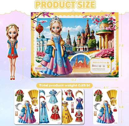 Magnetic Dress Up Dolls for Girls - Princess Magnet Paper Dolls Book with 3D City Buildings - Travel Car Trip Quiet Book Game Toys Easter Birthday Gifts for Kids Toddlers Ages 3 4 5 6 7(Style G)