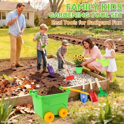 FHOZGECY Kids Gardening Set with Wheelbarrow, Metal Gardening Tools with Apron, Gloves, Watering Can, Repotting Mat, Flower Pots, Outdoor Backyard Play Learning Toys for Boys Girls Ages 3-8