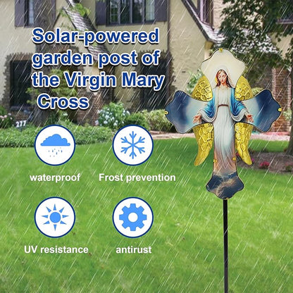 Solar Virgin Mary Cross Garden Lamp for Grave - Angel Wing Memorial Decoration, Waterproof Solar Stake Lamp for Easter, Courtyard, Yard - Sympathetic Gift for Loved Ones. Elegant Cross