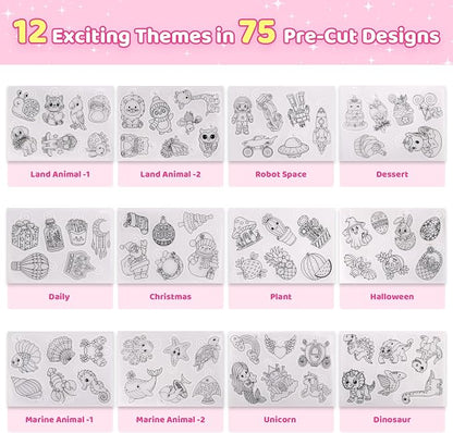 201pcs Shrink Paper Keychain Kit, 24 Blank & 12 Pre-Cut Sheets (75 Patterns) Crafts Kits for Kids Adults, Shrinking Art Activity Set with Hole Punch & Keychain Jewelry Accessories for DIY Crafts