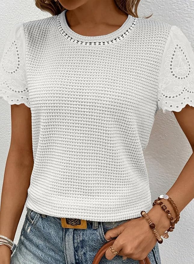 SHEWIN Womens Frenchy Summer Tops Crewneck Short Sleeve T Shirts Casual Waffle Knit Jacquard Blouses Top Shirts