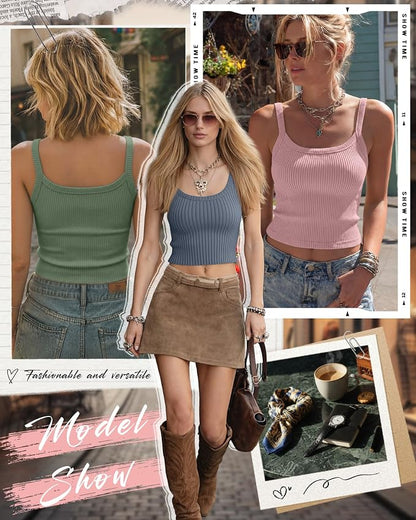 Ficerd 3 Pack Women's Tank Tops 95% Cotton Spaghetti Strap Ribbed Crop Camisole Slim Fitted Basic Summer Sleeveless Layer