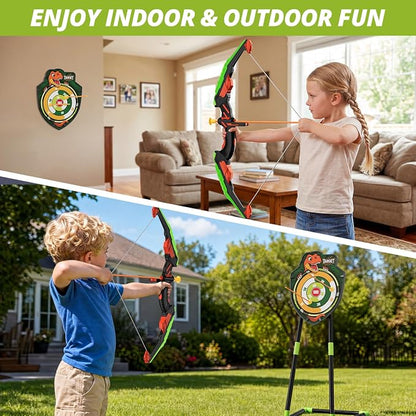 HYES Bow and Arrow for Kids, LED Light Up Archery Set with 12 Suction Cup Arrows, 1 Standing Target, 3 Score Targets & 1 Quiver, Indoor Outdoor Sport Gifts for Boys Girls Ages 4-12, Green