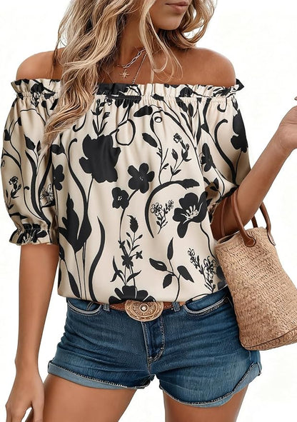 EVALESS Womens Tops Off The Shoulder Blouses for Women Dressy Casual Cute Puff Sleeve T Shirts Fashion 2026