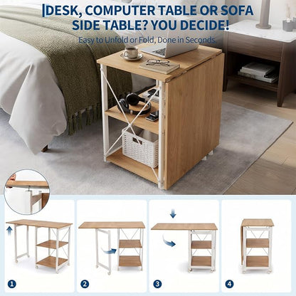 Garvee Folding Desk with Wheels, 31.5" Foldable Computer Desk with Storage Shelf, Space Saving Rolling Home Office Desk for Small Spaces, Portable Writing Table with Side Organizer, Oak