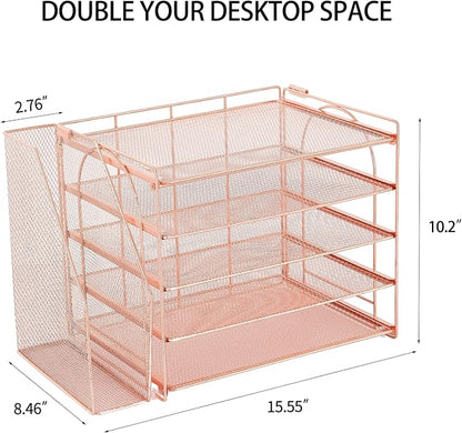 AUPSEN Rose Gold Desk Organizers and Accessories, 5-Tier Desktop Paper File Organizer with Removable File Holder, Desk Accessories & Workspace Organization for Home Office Supplies (Rose Gold)