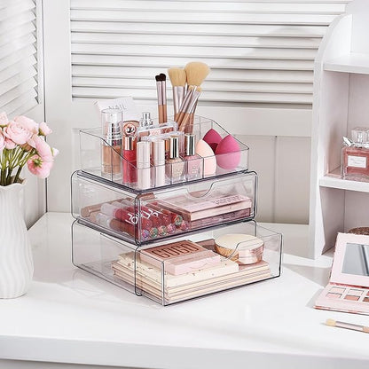 Vtopmart 3 Tier Clear Makeup Organizer with 2 Drawers | Smart Storage Layout, Clear for Better Visibility, Stackable, Large Capacity, for Makeup Lipstick Brush Skincare