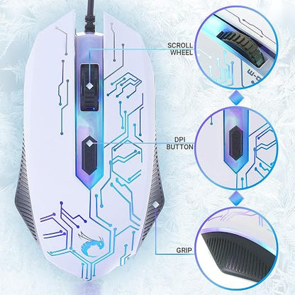 Gaming Keyboard and Mouse and Gaming Headset & Mouse Pad, Wired LED RGB Backlight Bundle for PC Gamers Users - 4 in 1 White Edition Hornet RX-250