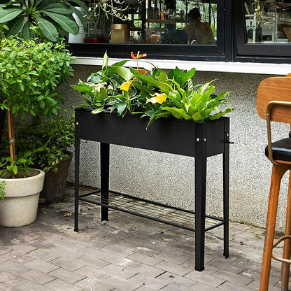 Piksedo Raised Garden Bed, Elevated Planter Metal Plant Box with Legs Standing Garden Stand Drainage Holes Frosted Black