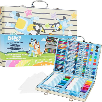 Bluey Colored Pencils Art Supplies for Boys Girls Drawing Kit Painting School Supplies Art Kit Travel Case Gifts for Kids (Blue Case)