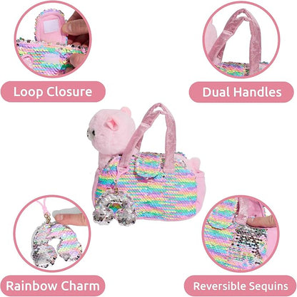 Little Jupiter Pet Plush Set with Purse w/Reversible Sequins & Charm - Stuffed Animal Toy for Kids Ages 4-7 - Stuffed Animal Purse - Stuffed Animals for Girls - (Pink Llama)
