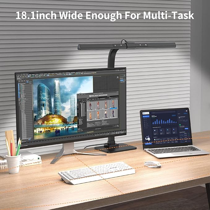 KableRika 12W LED Desk Lamp, Modern Architect Task Lamp with 6 Color Modes, Auto-Dimming, Eye-Care for Home Office, 18.1Inch Wide, 1.5m Cable, Aluminum Alloy, Black
