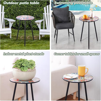 Party Zealot Metal Mosaic Round Side Table Set of Two 13.4" Small Outdoor Patio Round Accent Coffee Tables Indoor Corner Stand for Small Space Weather-Resistant for Balcony Plant Stand