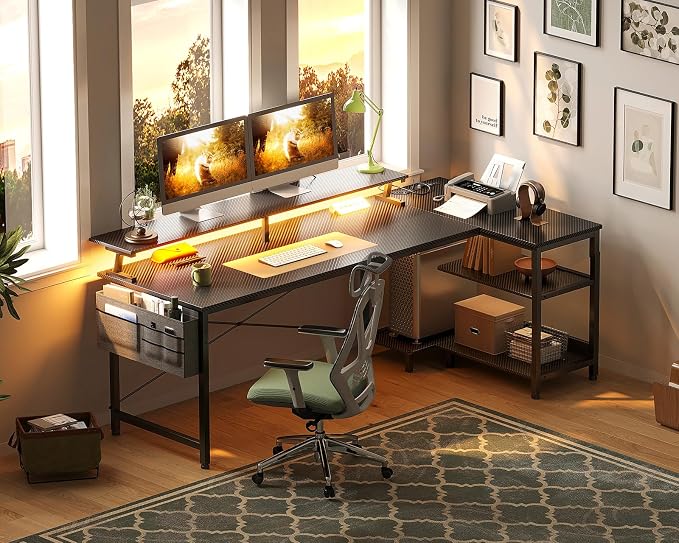 ODK 66 Inch L Shaped Gaming Desk with LED Lights, Power Outlets, Black | Adjustable Monitor Stand, Open Storage Shelves, Hanging Side Bag, PC Tower Stand, Reversible Layout for Gaming