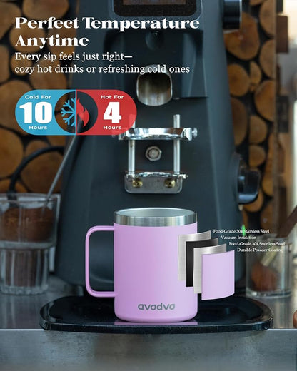 12oz Insulated Coffee Mug with Lid – Includes Two Lids, Stainless Steel Coffee Travel Mug with Handle, Double Wall Vacuum Insulated Camping Mug for Home, Office & Outdoor, Rose Gold