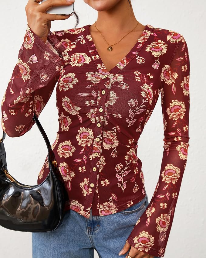 BTFBM Button Down Shirts for Women 2026 Fall Boho Tops V Neck Long Sleeve Blouses Ruched Mesh Fitted Fashion Clothing