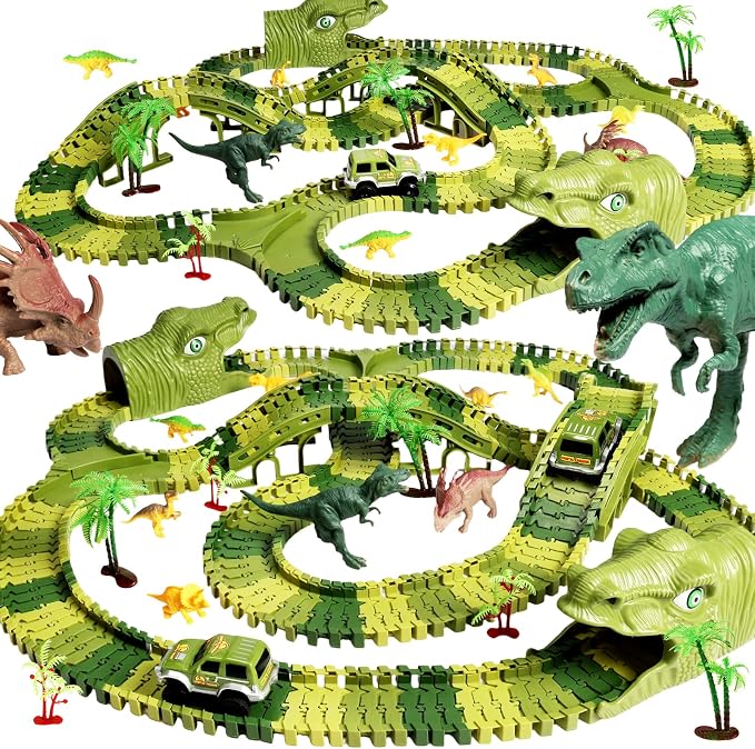 Dinosaur Track Toys, 266 PCS Dinosaur Toys for Kids 3-5 Create A Dinosaur World Road Race Tracks, 2 Dinosaur Cars Flexible Train Track Set, Birthday Gifts 3 4 5 6 7 Year Old Boys Girls