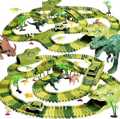 Dinosaur Track Toys, 266 PCS Dinosaur Toys for Kids 3-5 Create A Dinosaur World Road Race Tracks, 2 Dinosaur Cars Flexible Train Track Set, Birthday Gifts 3 4 5 6 7 Year Old Boys Girls