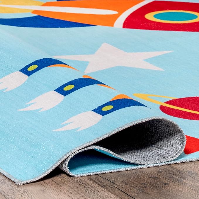 nuLOOM Eddie Outer Space Machine Washable Kids Ultra Thin Area Rug, 7' x 9', Light Blue Multi