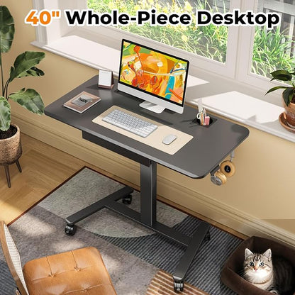 40"×20" Mobile Desk with Drawer, Rolling Desk with Storage | Height Adjustable Portable Laptop Desk on Wheels, Small Computer Desk with Cup Holder and Hooks for Study & Work, Black