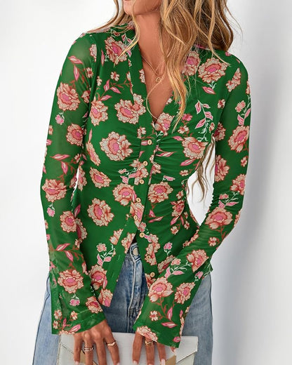 BTFBM Button Down Shirts for Women 2026 Fall Boho Tops V Neck Long Sleeve Blouses Ruched Mesh Fitted Fashion Clothing