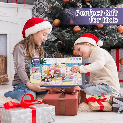 Dollhouse Playset, DIY Pretend Portable Caravan Camper Bus Toy Kit with Little Critters Bunny Dolls Mini Cottage House Set Camping Family Toys for Toddler 3 4 5 6 Year Old Girl