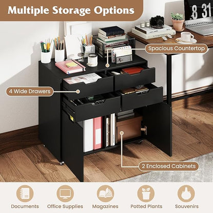 Giantex 4-Drawer File Cabinet, Rolling Printer Stand with 2 Lockable Wheels, Wooden Lateral Filing Cabinet, Load 298 Lbs, Under Desk Craft Storage Organizer for Home Office Organization (Black)