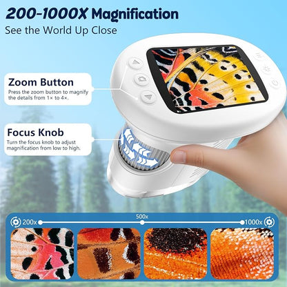 Odatay 4K 1000X Digital Microscope for Kids with Long Distance Viewing & 2.4" Screen, Portable Handheld Edu Toys for Kids Age 3-12 Exploring Bugs Plants at Home Classroom & Outdoor Travel, White