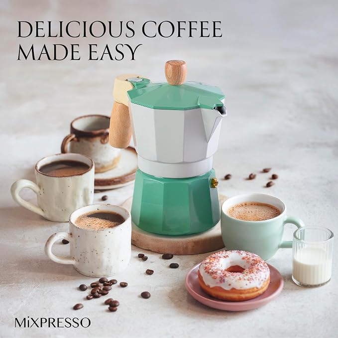 Mixpresso 3 Cup Moka Pot Stovetop Espresso Maker, Italian Cuban Coffee Pot | 5oz aluminum Italian coffee maker for gas and electric stovetops, small design for traditional espresso-style coffee at home