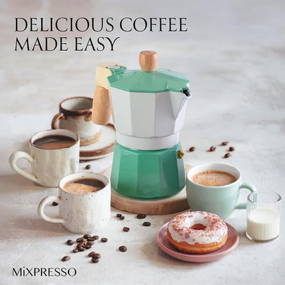 Mixpresso 3 Cup Moka Pot Stovetop Espresso Maker, Italian Cuban Coffee Pot | 5oz aluminum Italian coffee maker for gas and electric stovetops, small design for traditional espresso-style coffee at home