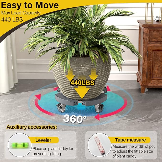 Goovilla Heavy Duty Plant Stand with Wheels, 2Pack Adjustable 15-22 Plant Caddy with Lockable Caster Wheels 440LBS, Rolling Stand/Dolly/Roller for Indoor Outdoor Large Planter, Flower Pot,Gray
