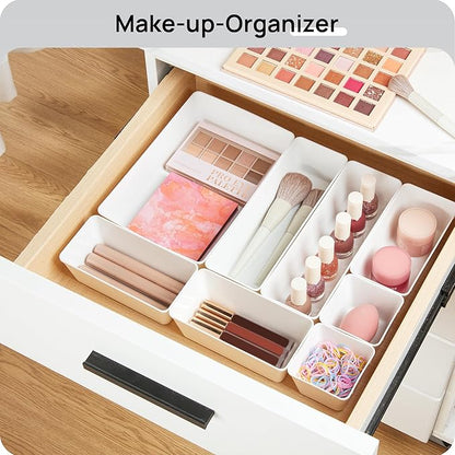 Vtopmart 25 PCS Plastic Drawer Organizers Set, 4-Size Versatile Bathroom and Vanity Drawer Organizer Trays, Storage Bins for Makeup, Bedroom, Kitchen Gadgets Utensils and Office | 4-Size Versatile Makeup Organizer, Storage Containers Small Bins for Mak...