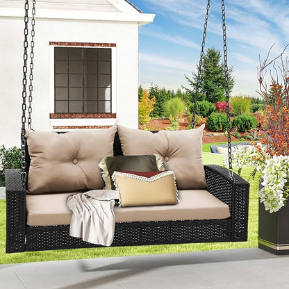 DWVO Wicker Hanging Porch Swing Chair Outdoor Brown Rattan Patio Swing Lounge w/ 2 Back Cushions Capacity 530lbs for Garden, Balcony, Living Room, Beige