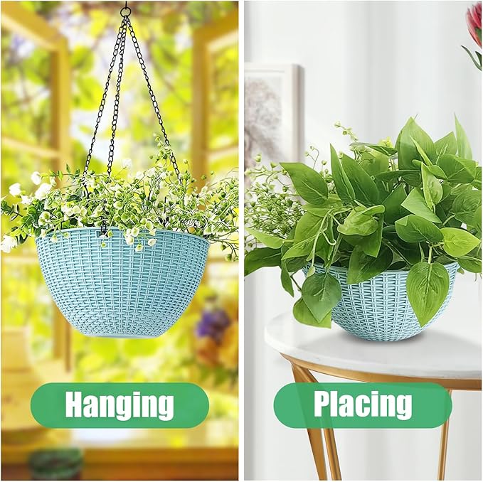 Hanging Planters for Outdoor Plants 8/10 Inch, 4 Packs Hanging Flower Pot Indoor with Drainage Holes, Self-Watering Hanging Basket Perfect for Home, Office and Garden (Sky Blue)